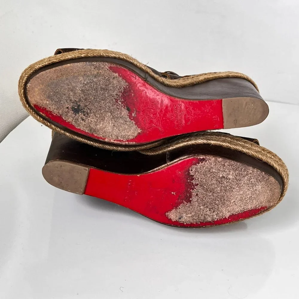 Christian Louboutin Bronze Barcelona Leather Espadrille Wedge Sandals Size EU 39